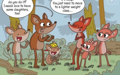 The new science cartoon presents the results of research on the influence of red deer female condition on foetus sex ratio